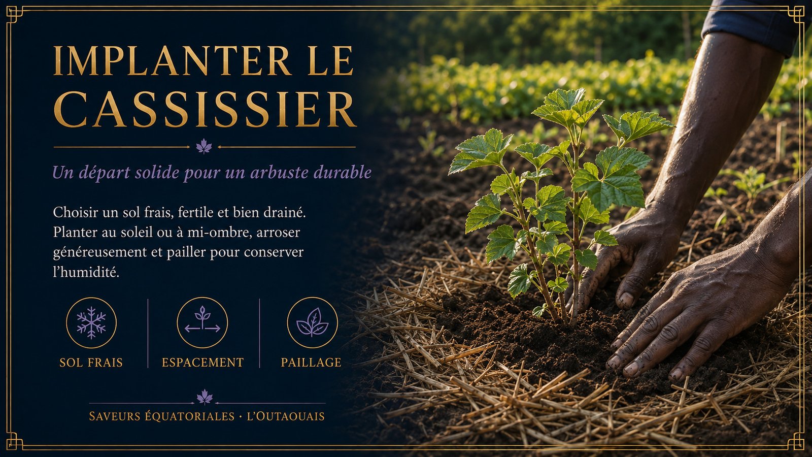 Mains d’un producteur noir implantant un jeune cassissier