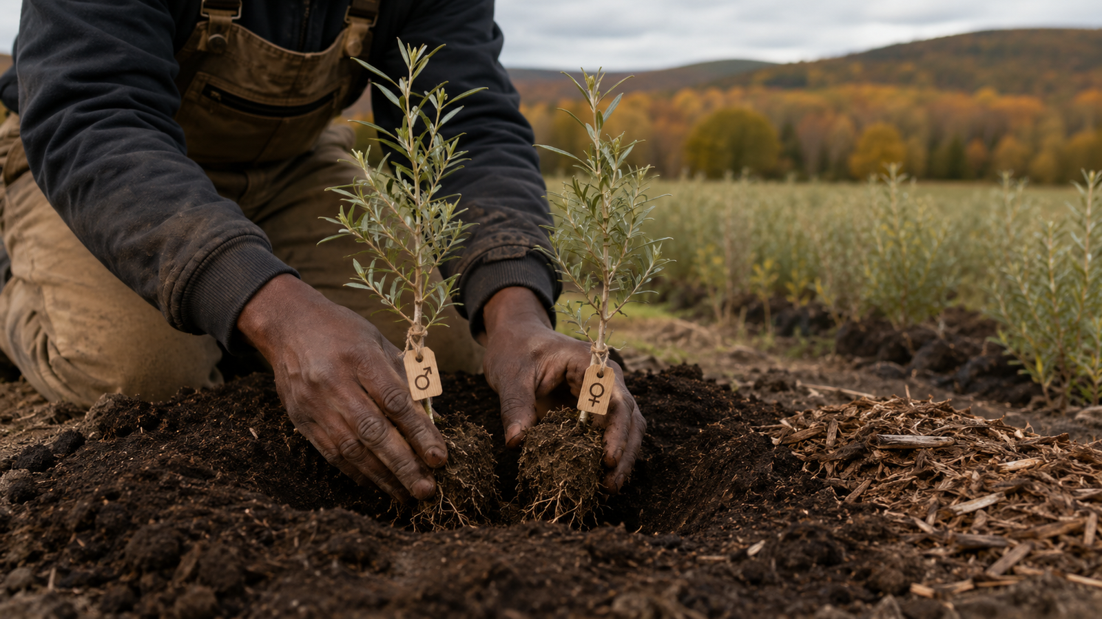 Mains d’un producteur noir plantant des argousiers mâle et femelle