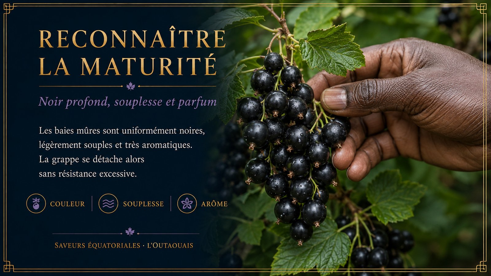Main d’un producteur noir vérifiant la maturité d’une grappe de cassis