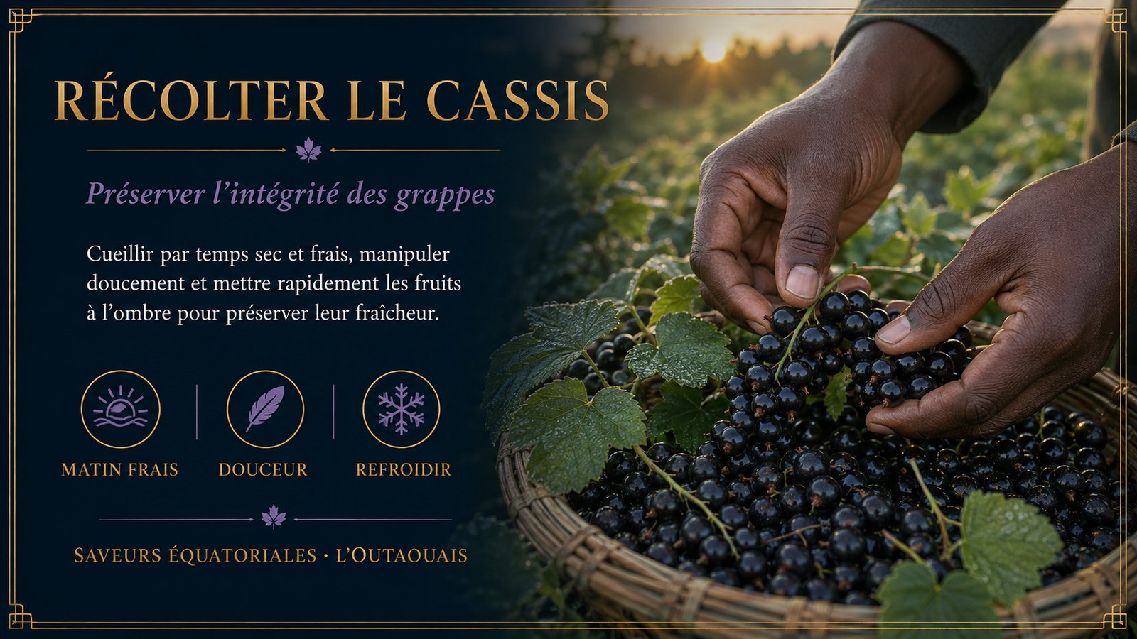 Mains d’un producteur noir récoltant délicatement le cassis