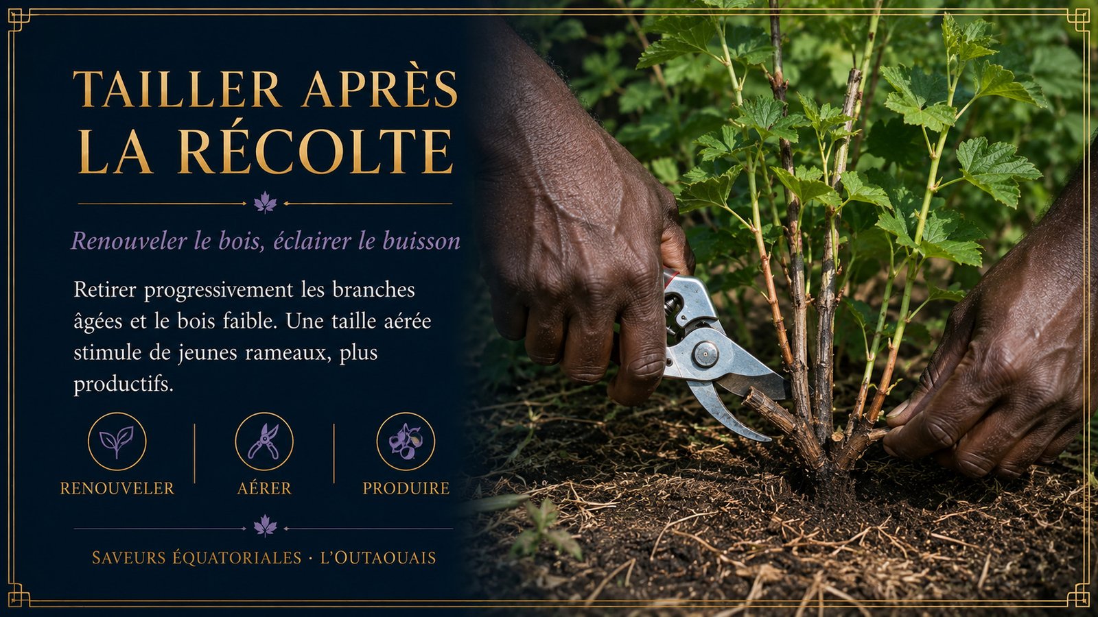 Mains d’un producteur noir taillant un cassissier après la récolte