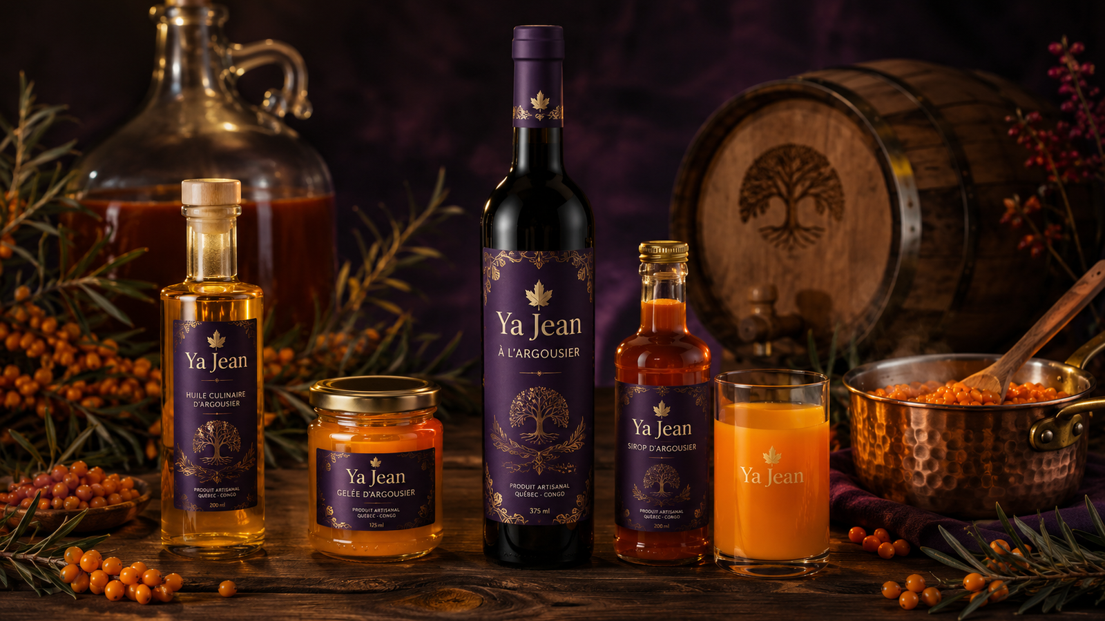 Produits artisanaux Ya Jean à l’argousier : vin de fruit, sirop, gelée, huile et jus