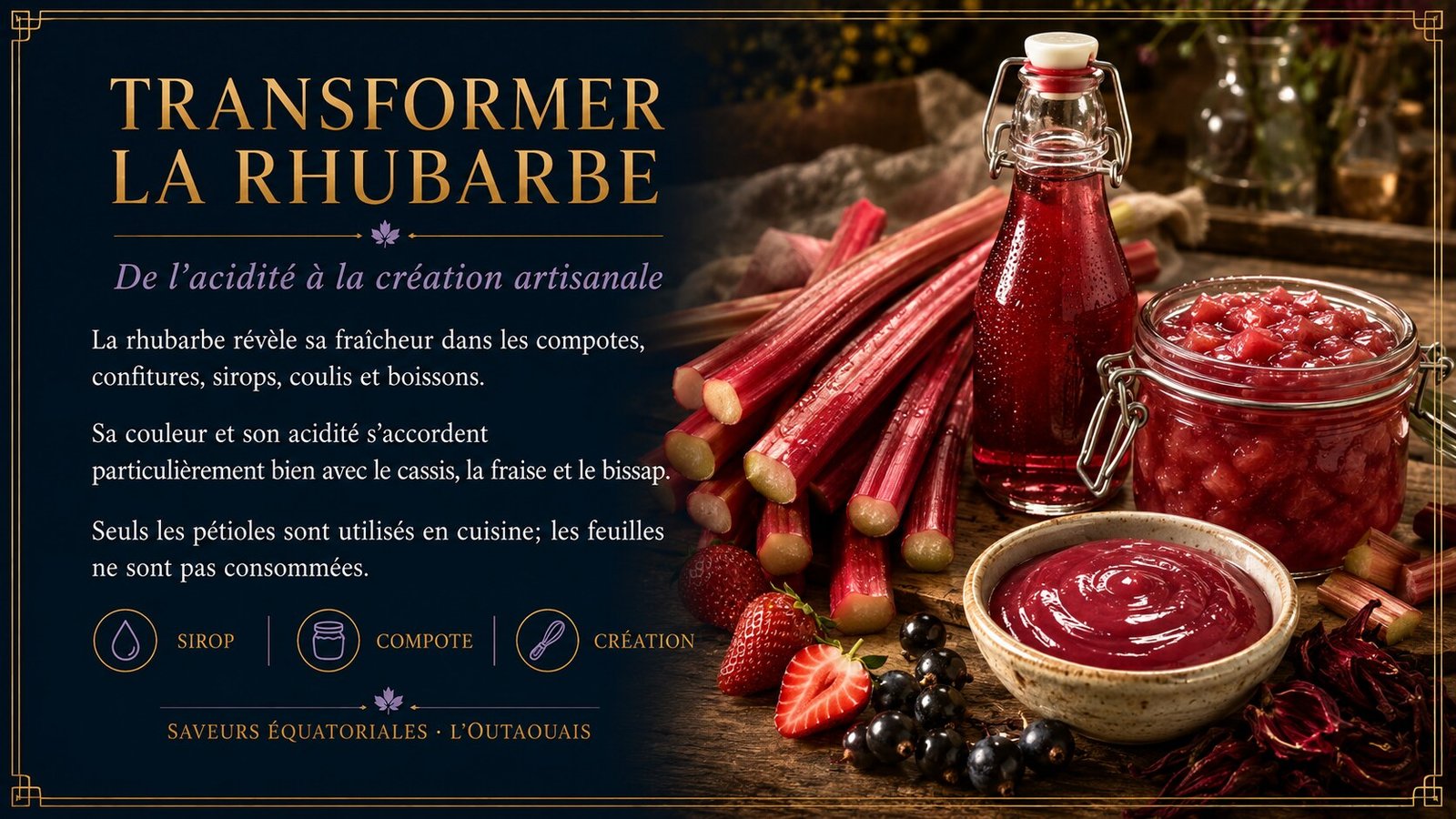 Rhubarbe transformée en sirop, compote et coulis