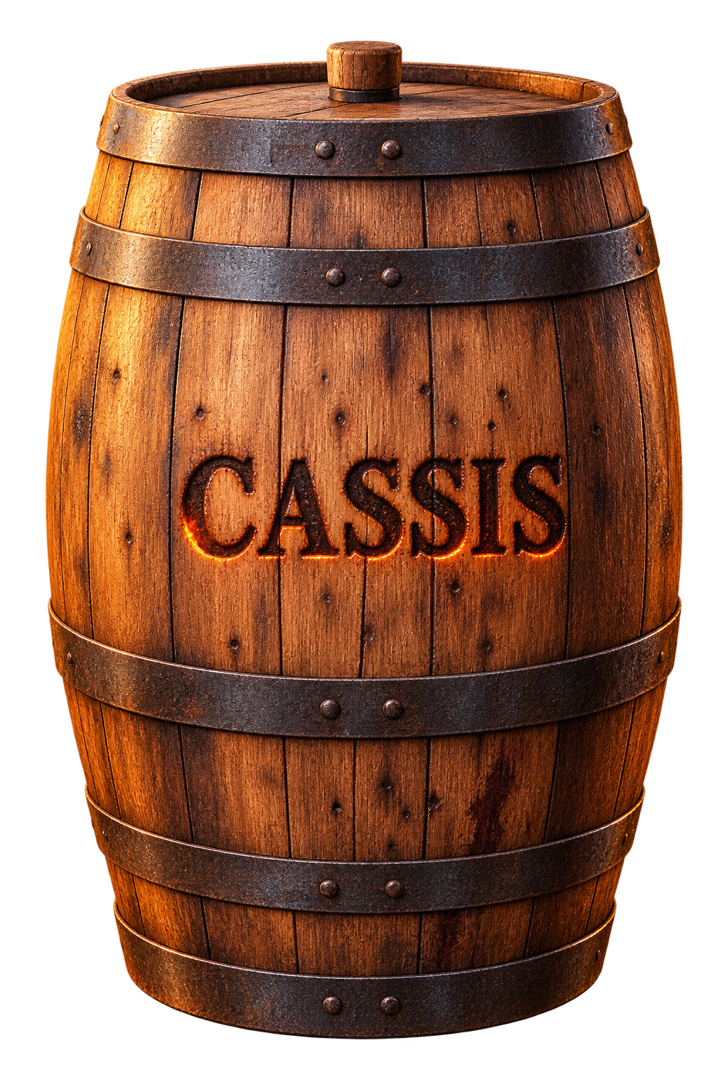 Baril de fermentation en bois marqué Cassis au fer rouge