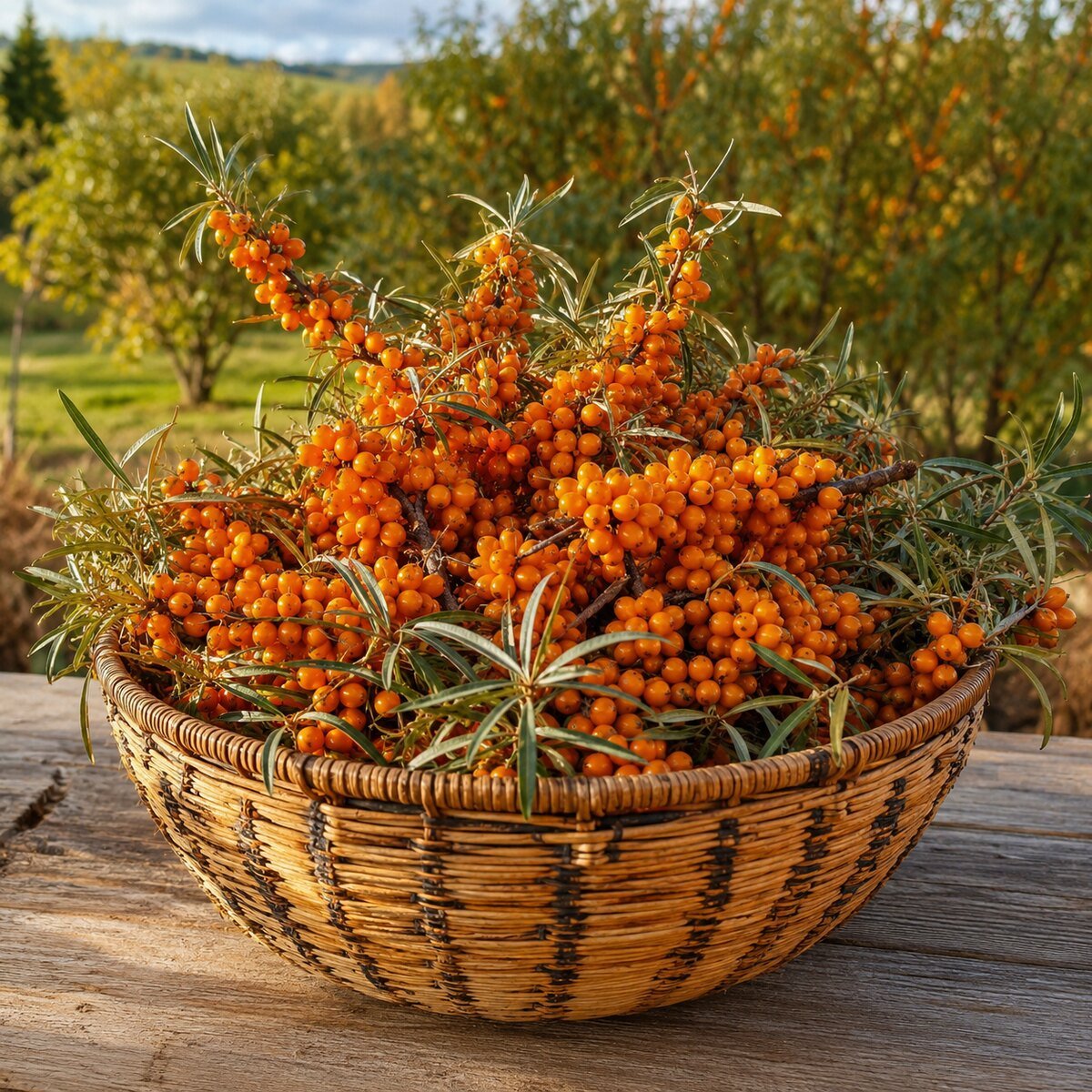 Panier d’argousier récolté à la ferme