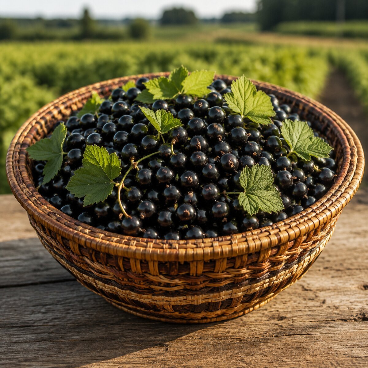 Panier de cassis récoltés à la ferme