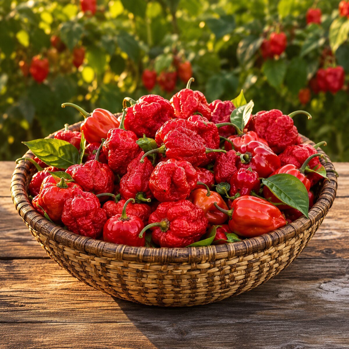 Panier de piments Carolina Reaper récoltés à la ferme