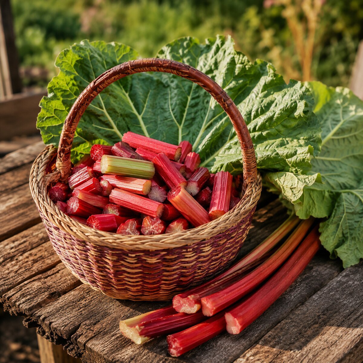 Panier de rhubarbe récoltée à la ferme
