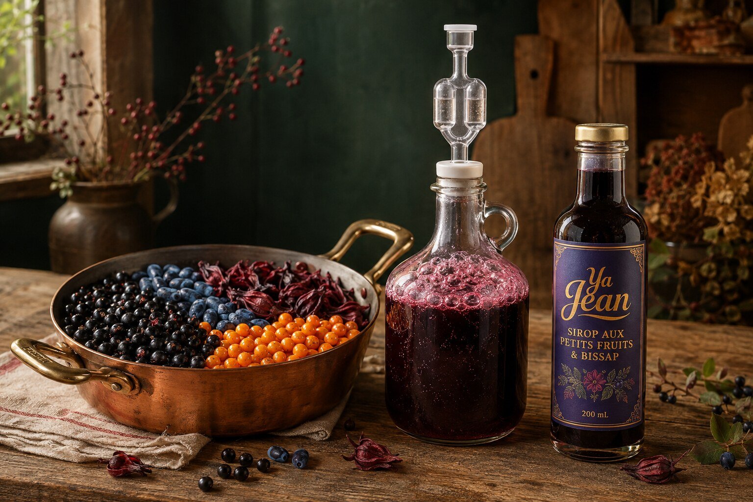 Transformation artisanale de cassis, camérise, bissap et argousier avec tourie en fermentation et sirop Ya Jean