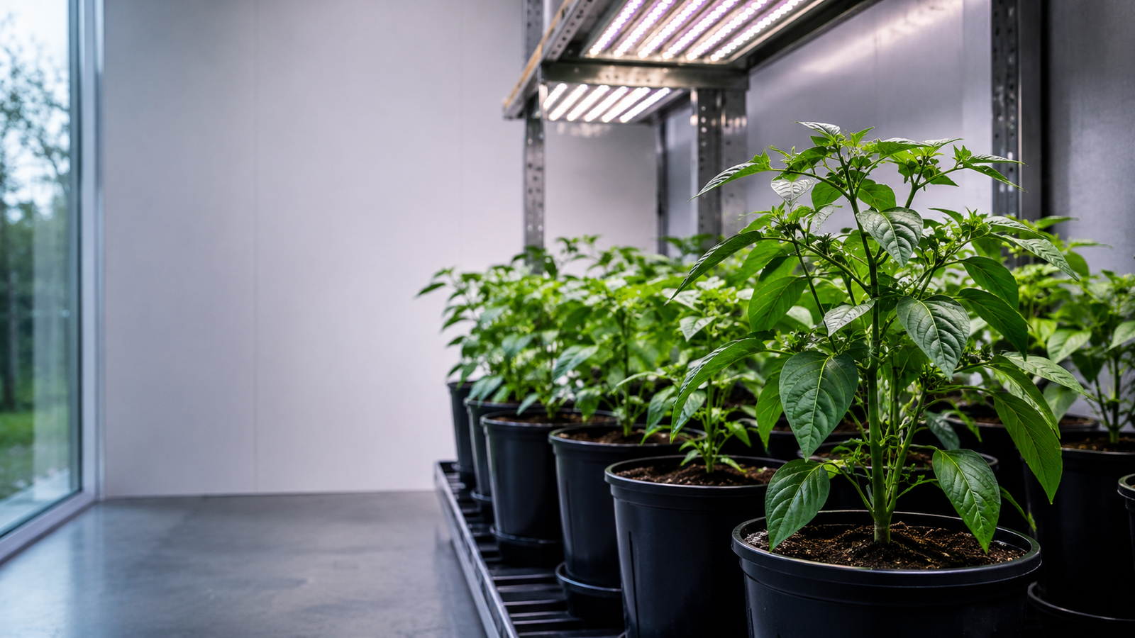 Jeunes plants de Carolina Reaper sous éclairage horticole