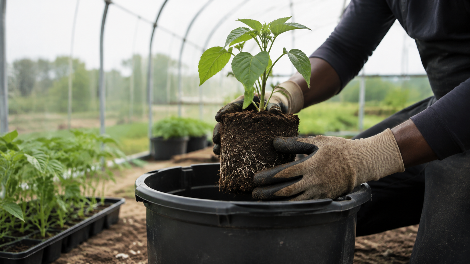 Transplantation d’un plant de Carolina Reaper avec des gants noirs