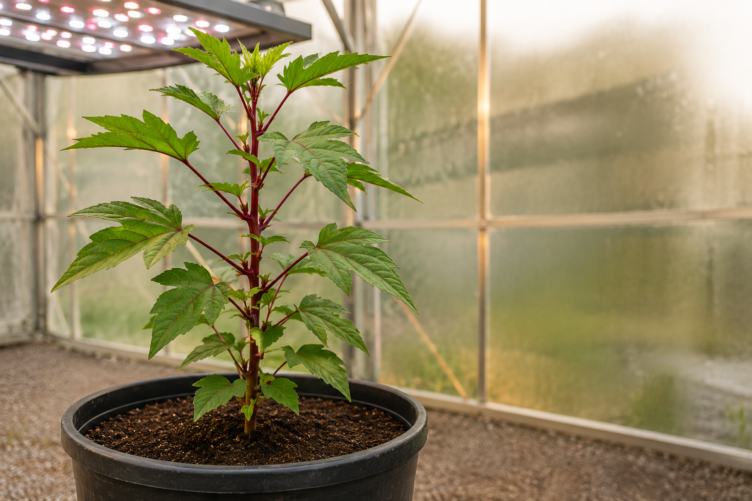 Jeune plant de bissap cultivé en pot sous éclairage