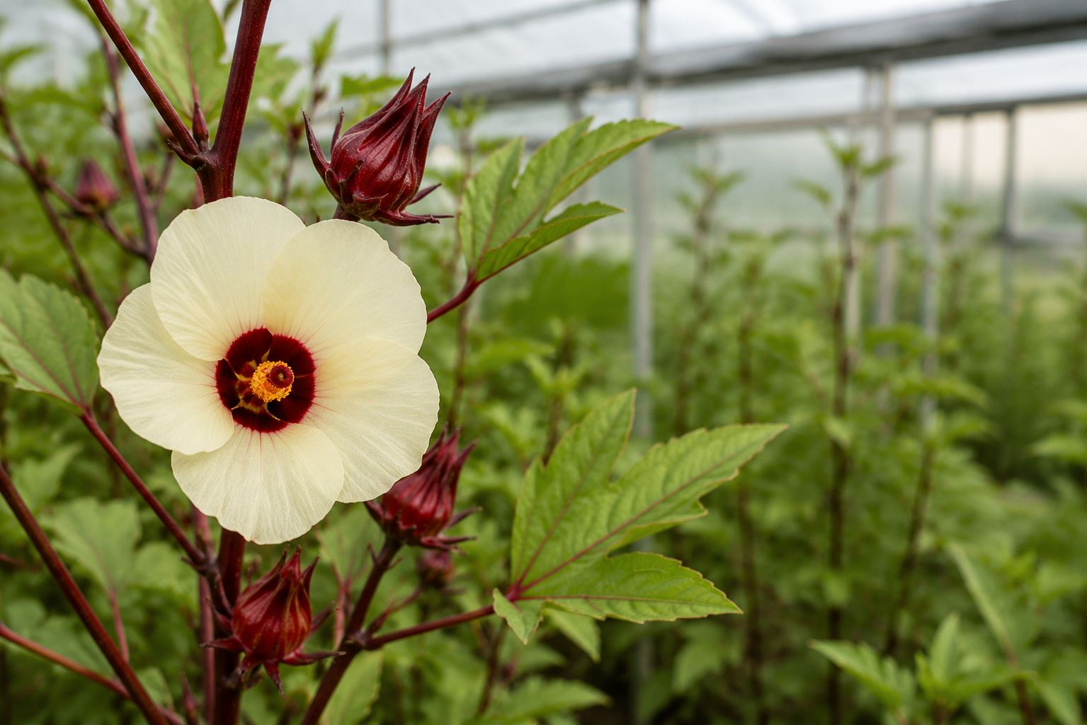 Fleur crème de bissap au cœur rouge dans une serre