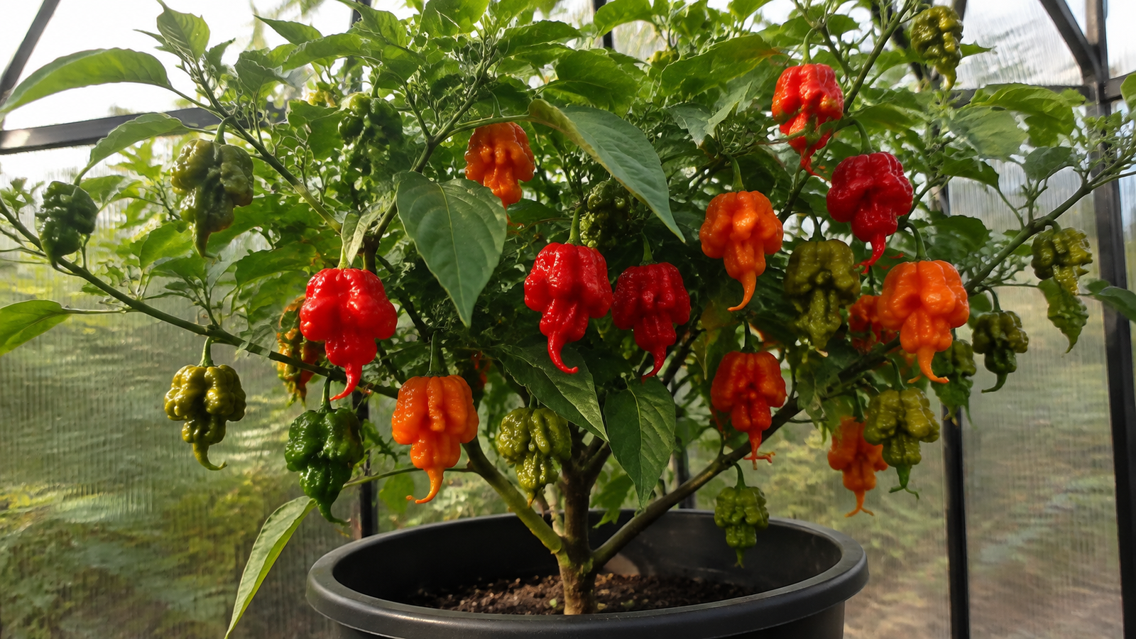 Carolina Reaper aux stades vert, orange et rouge sur le plant