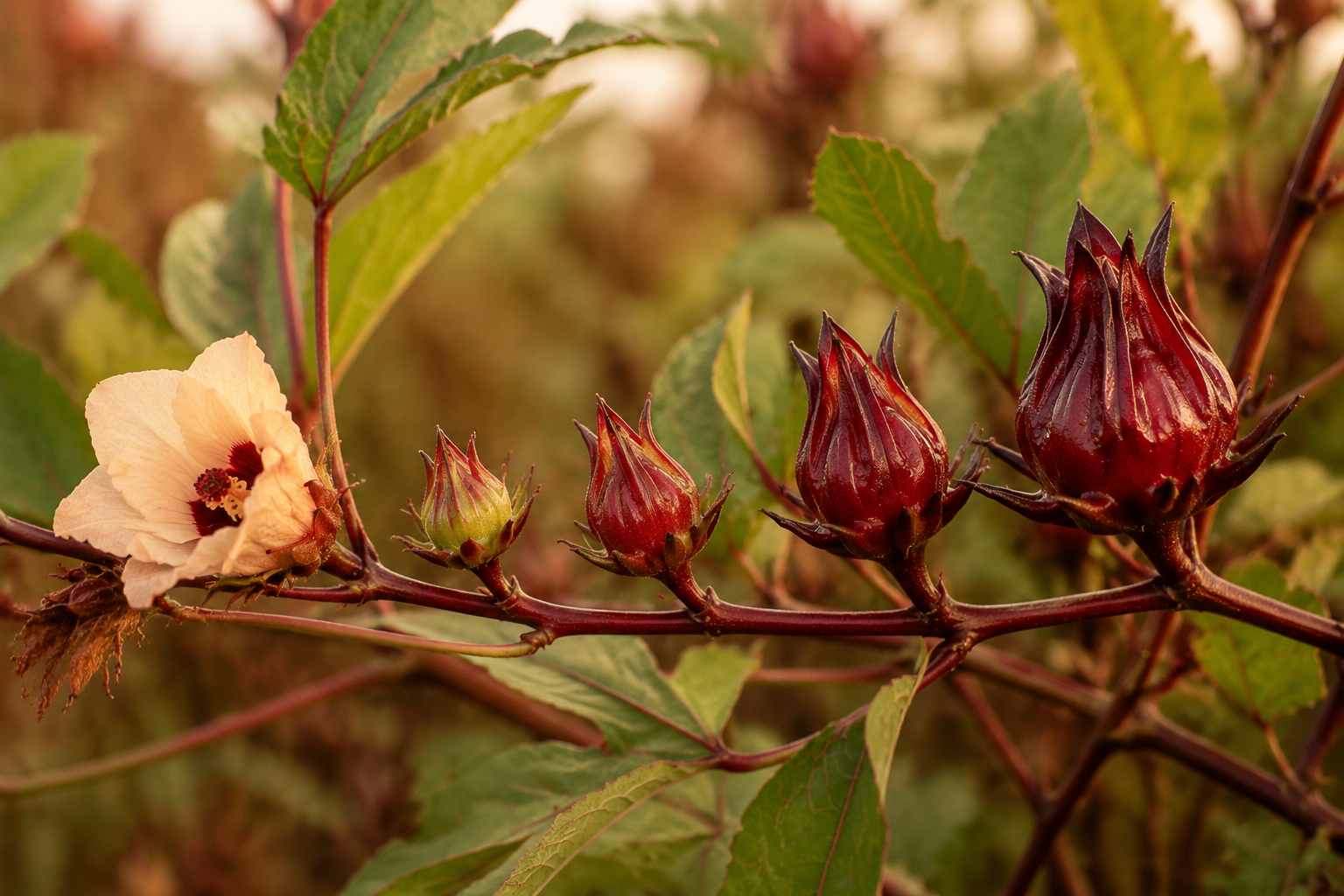 Progression de la fleur vers les calices rouges du bissap
