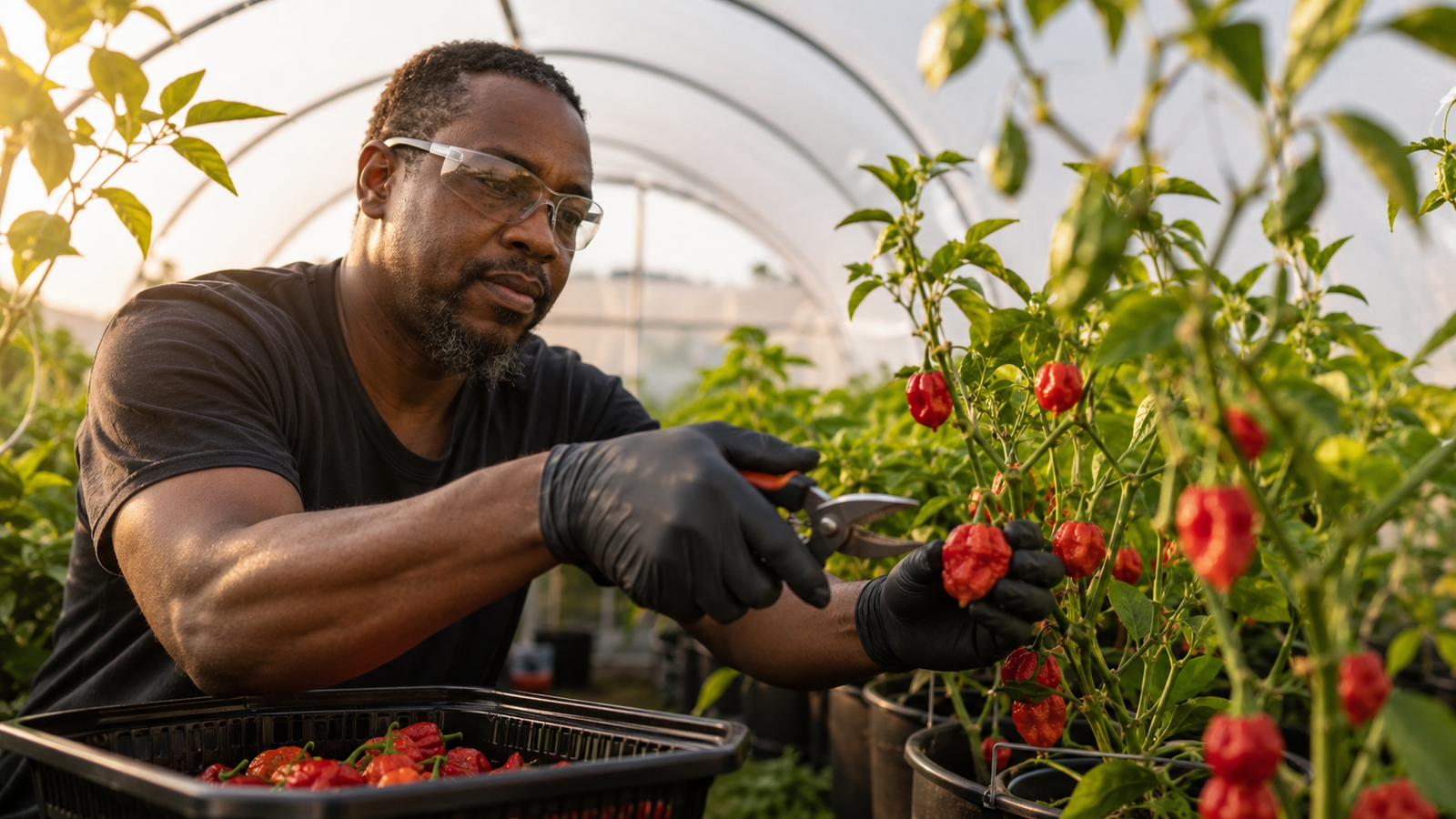 Récolte sécuritaire de Carolina Reaper avec gants et lunettes de protection