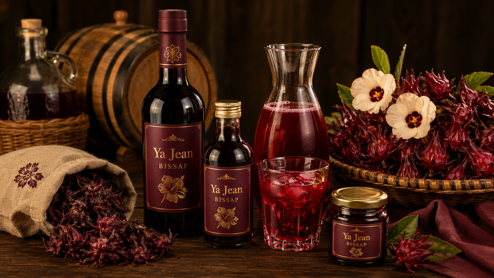 Collection artisanale Ya Jean au bissap avec vin, sirop, infusion et gelée