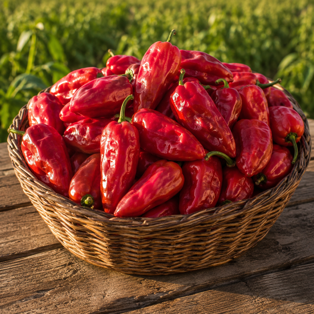 Panier de piments Hot Pepper Lantern rouges et charnus récoltés à la ferme