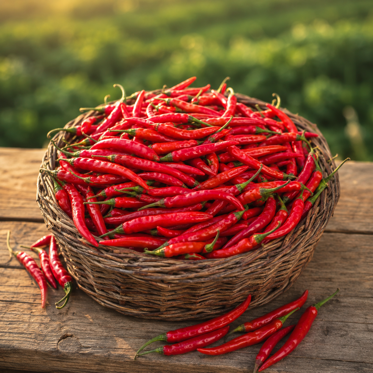 Panier de piments de Cayenne rouges, fins et allongés récoltés à la ferme