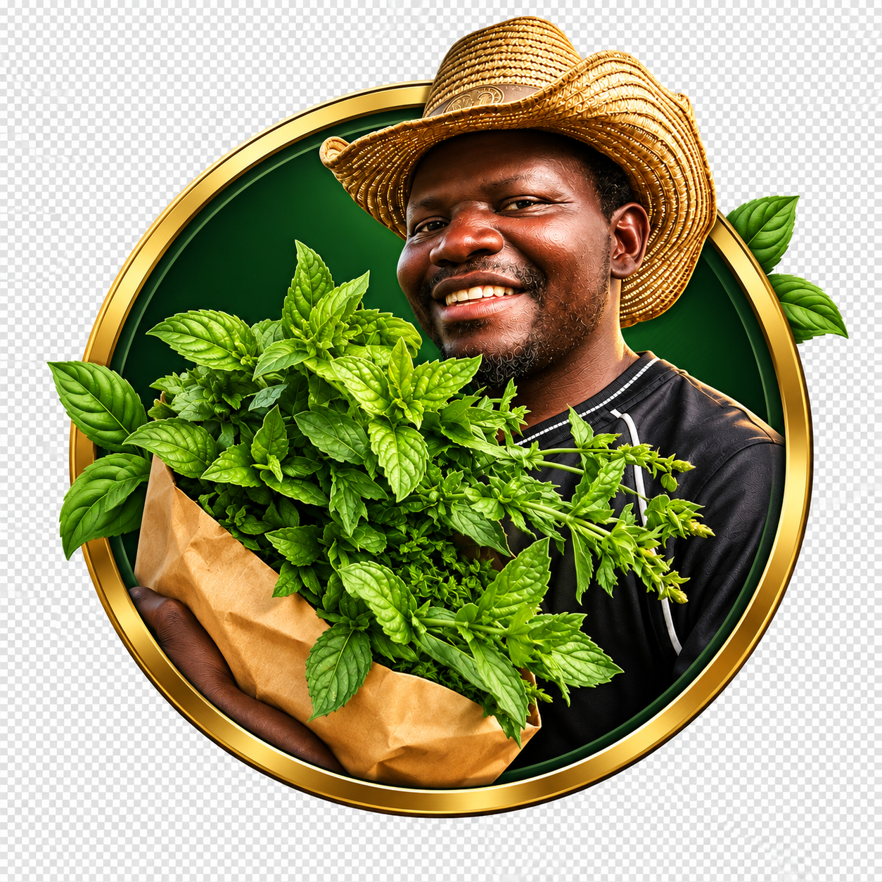 Jean-Michel Bakonda, présentateur, tenant une récolte de plantes fraîches